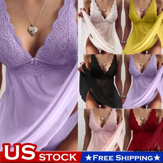 Plus Size Women's Sexy Lingerie Lace Babydoll Dress G-string Underwear  Nightwear