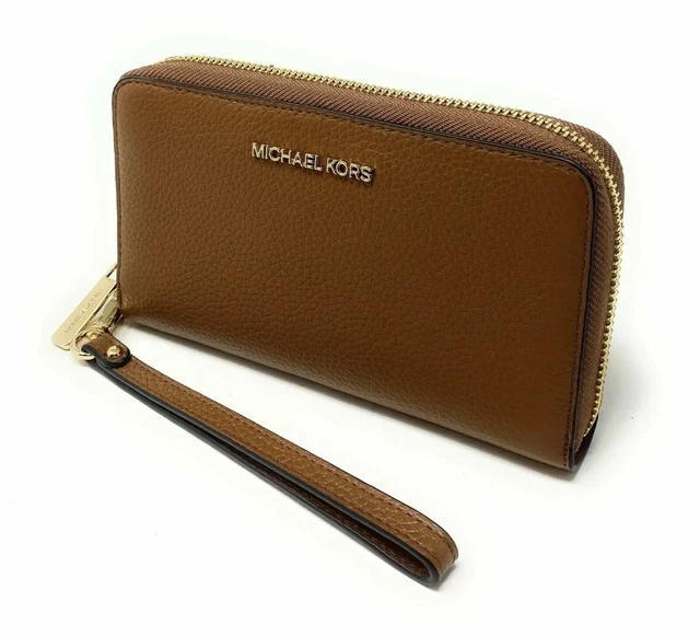 Michael Kors Jet Set Travel Phone Case Wallet Wristlet Brown Leather Luggage NWT