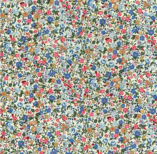 Cotton Fabric - Pretty Blue & Pink Floral Print on Cream - Craft Fabric Material