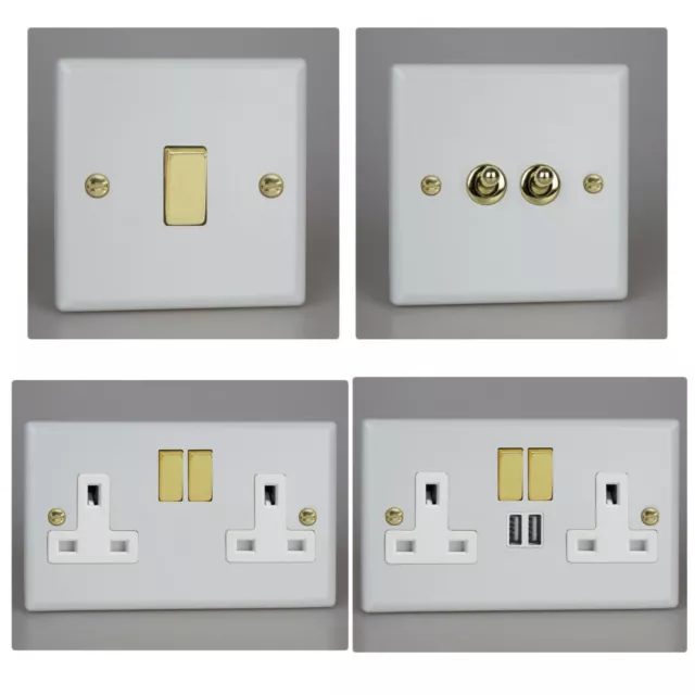 Varilight Vogue Matt White & Brass Light Switches, Plug Sockets, LED Dimmers etc