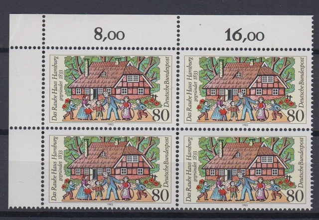 Bund 1186 Eckrand links oben 4er Block Das Rauhe Haus Hamburg 80 Pf postfrisch