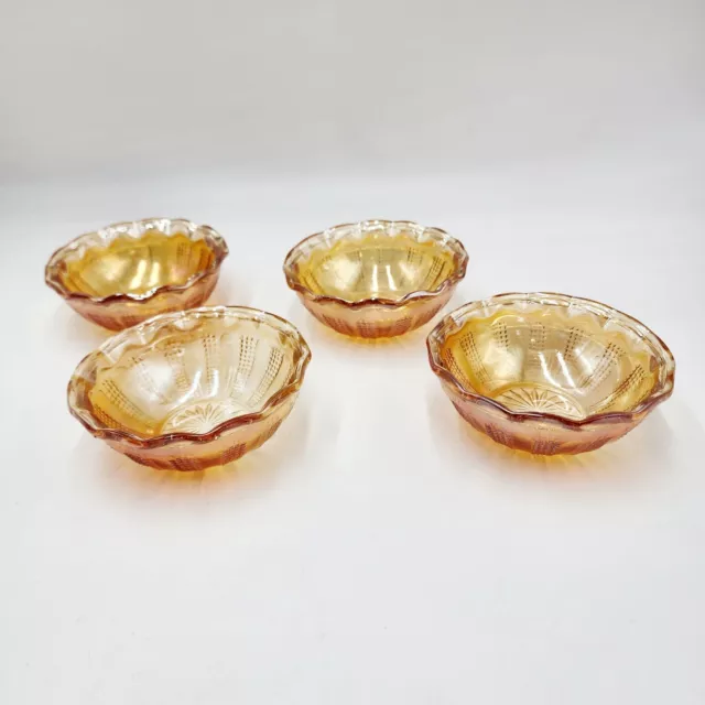 Set Of 4 Hazel Atlas Diamond Point Carnival Glass Iridescent Berry Dessert Bowls