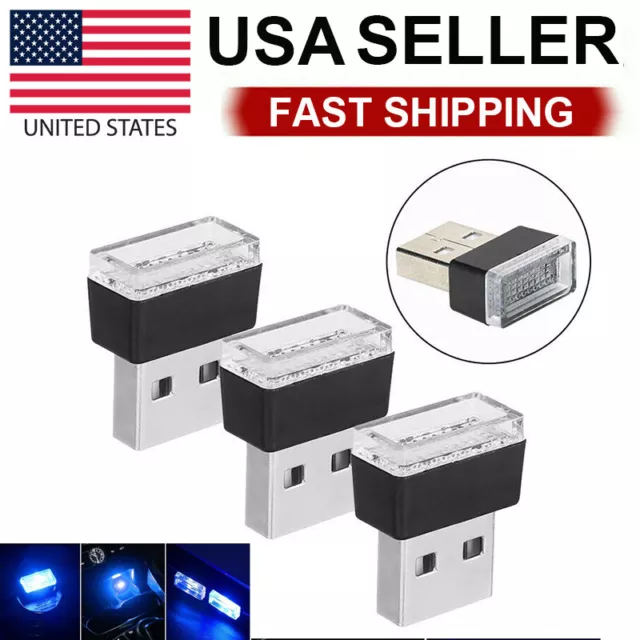 3x Mini Blue LED USB Car Interior Light Neon Atmosphere Ambient Lamp Accessories