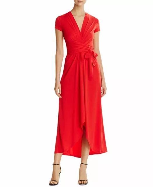 Michael Kors Dress Womens 6 Red Short Sleeve V Neck High Lo Tie Waist Wrap Maxi