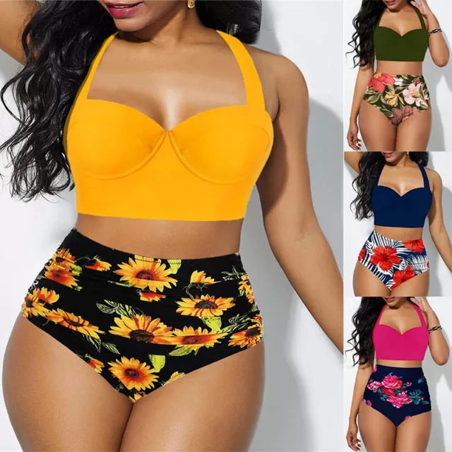 Womens Swimwear Sexy Soild Print Bikini Push Up Bathing High Waist Swimsuit Set