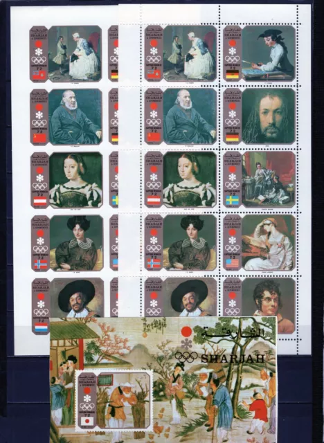 Sharjah 1972 Paintings 2 Sheets Of 10 Stamps Perf. & Imperf. & S/S Mnh