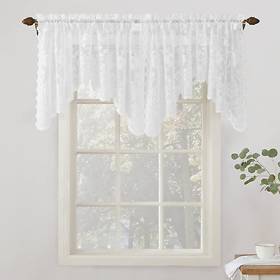 Alison Floral Lace Sheer Rod Pocket Curtain Valance, 58" x 32", White