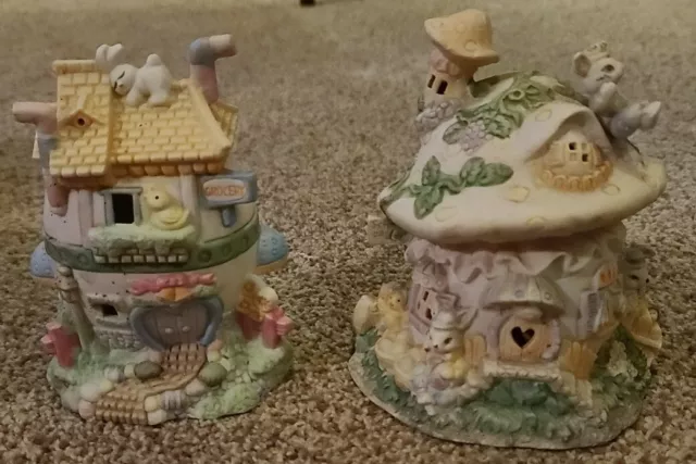 2 Easter Village Egg Shaped GROCERY Store House & Rabbit House