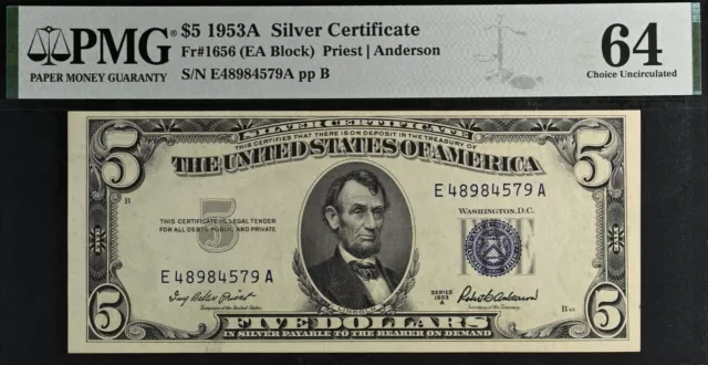 1953A $5 Silver Certificate PMG 64 popular wanted EA Block Fr 1656