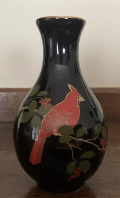 Otagiri Japan Red Cardinal Bud Vase 3 3/4” tall black, gold, red & green