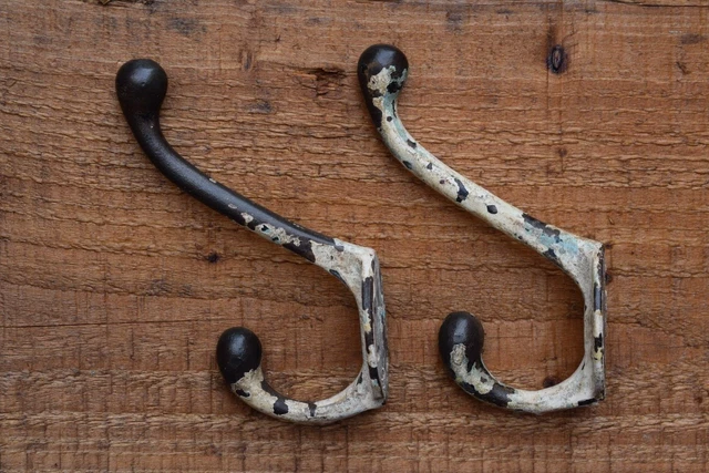 Pair Reclaimed Old Painted Coat Hooks pegs rack stand vintage original antique 8