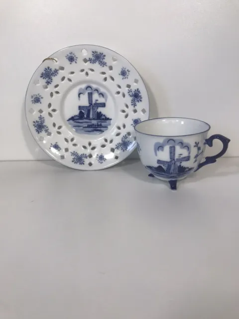 delft blue hand painted holland footed tea cup with pierced saucer By Ter Steege