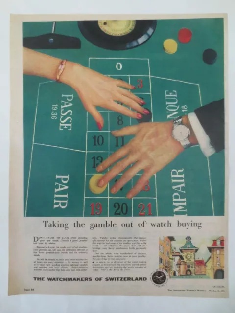 Vintage Australian advertising 1957 ad SWITZERLAND WATCHMAKERS roulette art