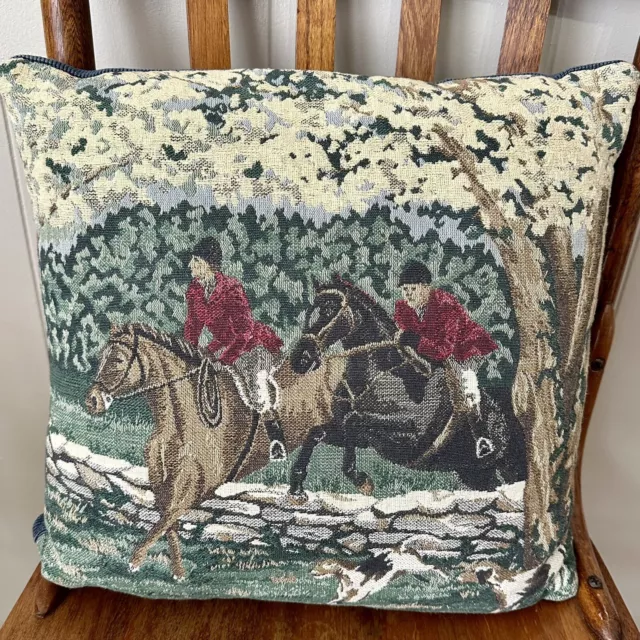 Tapestry Throw Pillow Fox Hunting Equestrian Horses English Vintage Corduroy