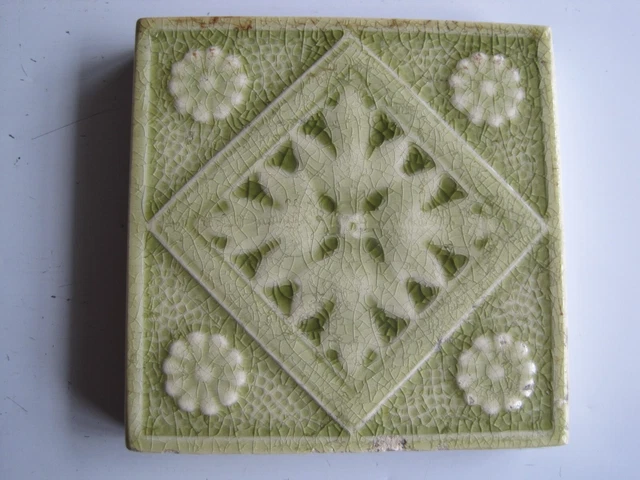 Antique Victorian Mintons 3" Square Moulded & Majolica Glazed Pale Green Tile Antique Victorian Mintons 3" Square Moulded & Majolica Glazed Pale Green Tile