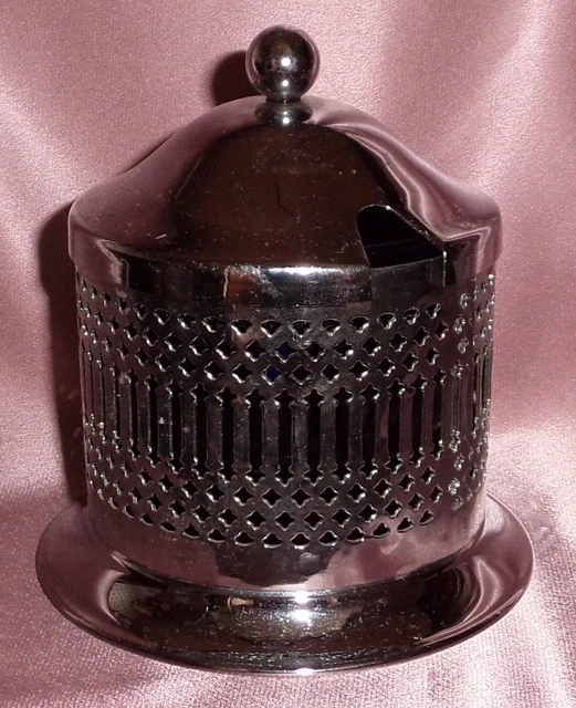 Vintage ~ Silver Tone Metal Cobalt Blue Glass Lidded Dish ~ England Collectable