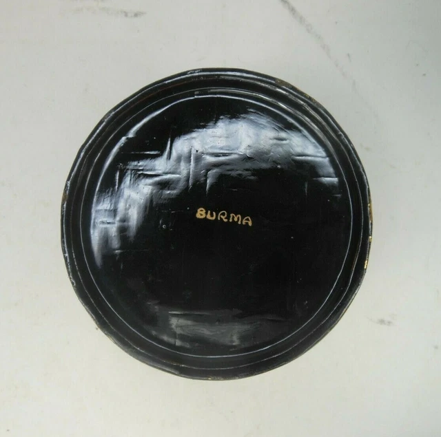 Burmese Round Lacquered Box Black Gold Gilt Lacquer Singha Lion Motif 7