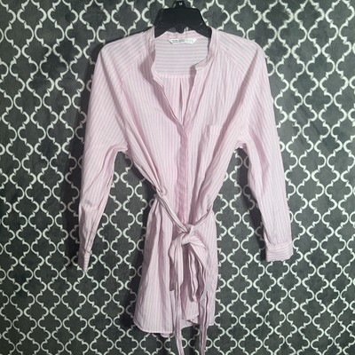 Zara Basic Z1975 Denim LS Button Shirt Dress Womens Size Small Pink Striped