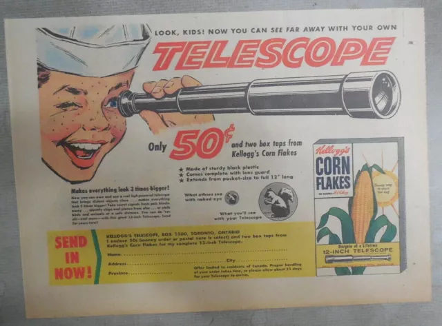 Kellogg's Cereal Ad: Real Telescope Premium ! From 1956 Size: 7 x 10 inches