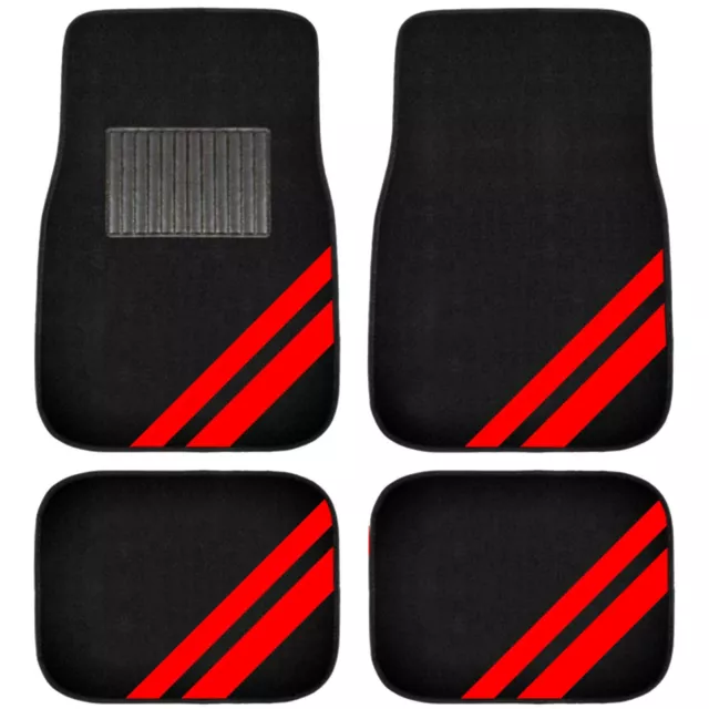 New Racing Stripe Red Slant Car Truck Front Rear Back Carpet Floor Mats 4pc Set