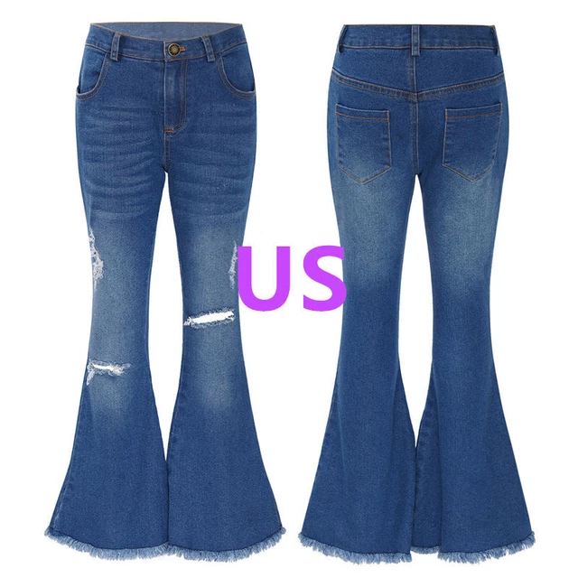 US Kids Girls Trouser Long Pants Solid Color Denim Zipper Closure Bell-bottom