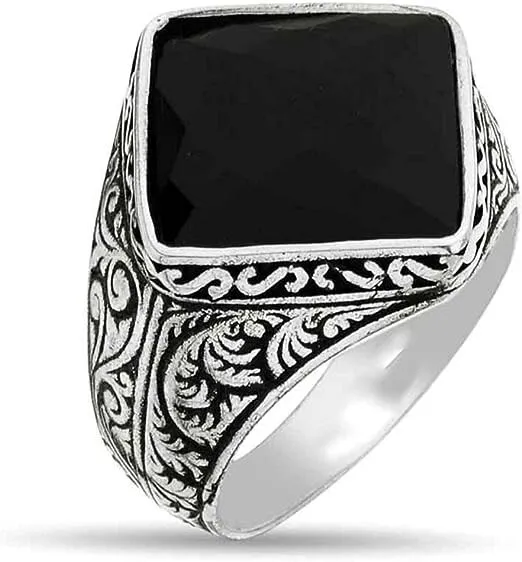 Square Black Onyx Stone Ring - Oxidized Gemstone Ring - Vintage Style Ring