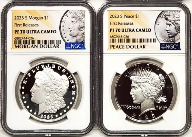 2 coin set 2023 s proof morgan peace silver dollars ngc pf70 uc fr       in hand