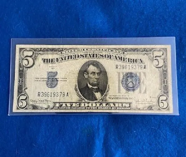 1934 Five Dollar Silver Certificate $5 Bill Blue Seal Note Hand Picked Vg/Fine