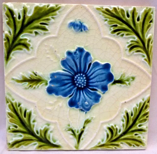Antique English Tile Majolica Flower Motif Design Ceramic Architecture Rare "162