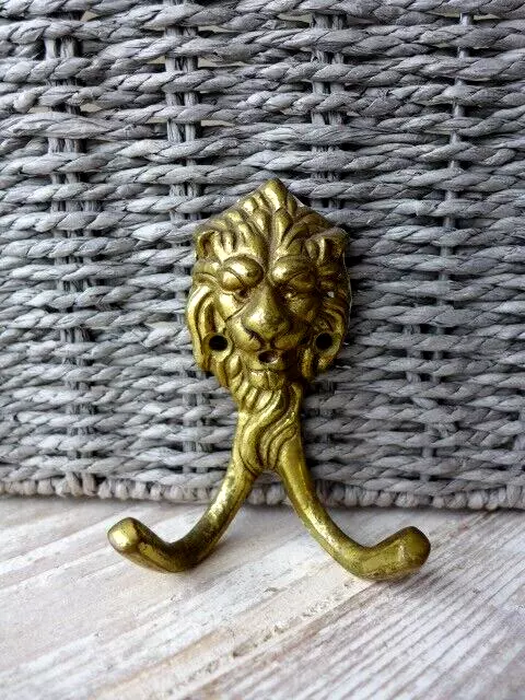 Vintage, antique brass double coat hook Lion collector project replacement EN-6 2