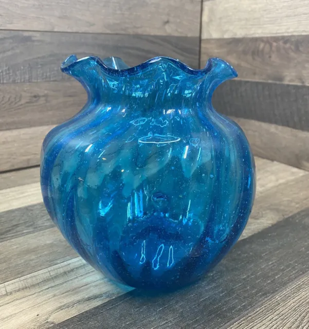 Hand Blown Blue Bubble Glass Vase Ruffle Top 7" Tall Ribbed Hand Made