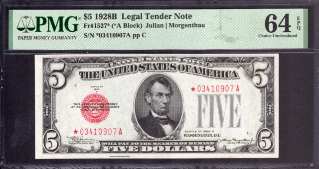1928 B $5 Legal Tender Red Seal Star Note Fr.1527* Pmg Choice Unc Cu 64 Epq