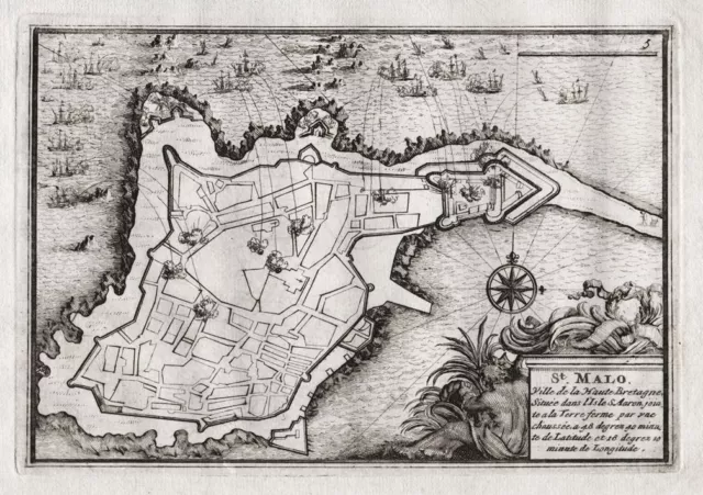 Saint-Malo Bretagne Plan carte map Karte de la Feuille 1702 gravure