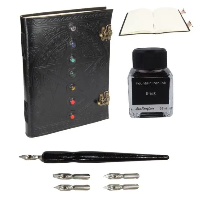 Black Leather Journal + Calligraphy Ink & Pen Set Pentagram Spell Book 33cm