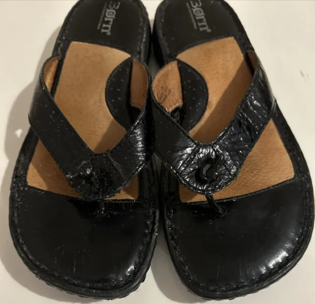 Born Women's Sandal Size 8 Black Patent Leather Thong Flip Flop Slide Opanka