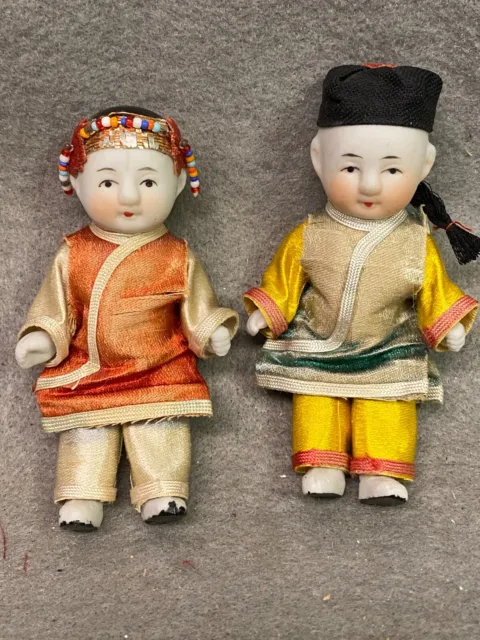 Vintage Pair 3 1/2 Inch Chinese Girl And Boy Dolls Circa 1959