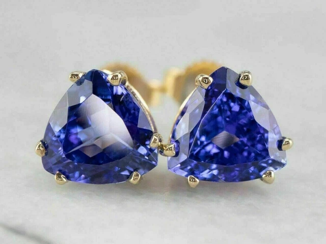 Trillion Cut Lab Created Blue Tanzanite  Stud Earrings  14K Yellow Gold Plated