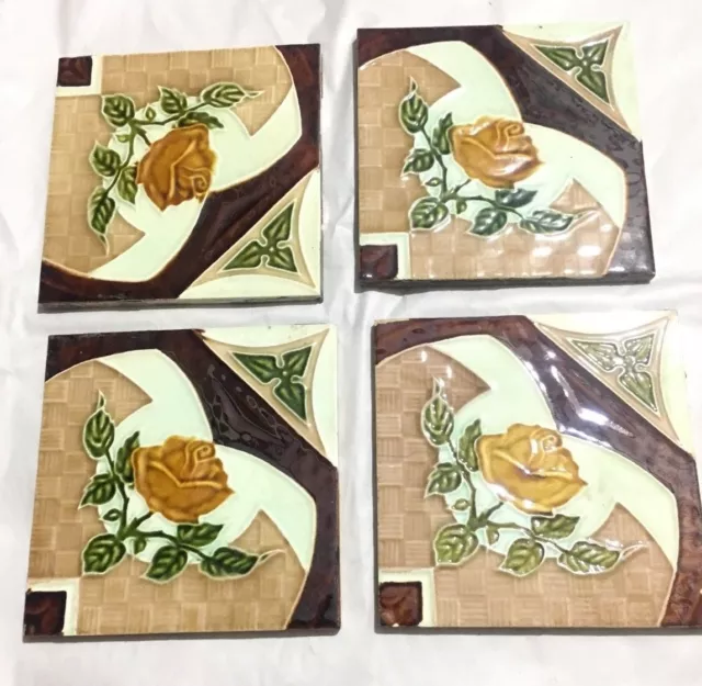 Vintage Ceramic Beautiful Design Porcelain Tiles  4 Pieces JAPAN