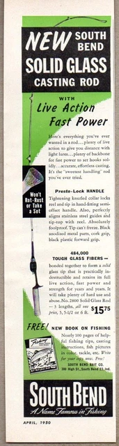 1950 Print Ad South Bend Solid Glass Casting Fishing Rods South Bend,IN