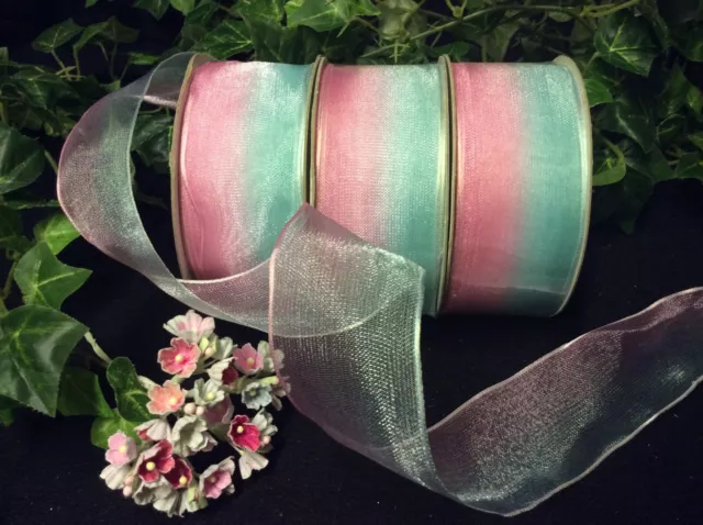 10yds PINK - BLUE WIRED SHEER ORGANZA RIBBON GIFTS BOWS WRAPPING DECORATION 4cm