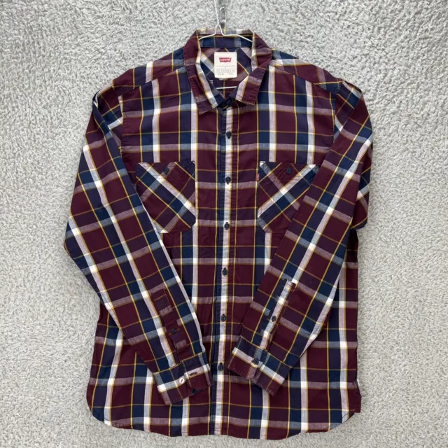 Levi's Cotton Shirt Mens Large Burgundy Check Long Sleeve Cuff Button Missing