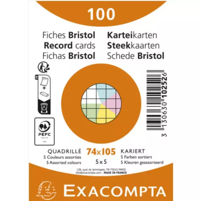 Karteikarten, DIN A7, kariert, farbig sortiert EXACOMPTA 10252E (3130630102526)