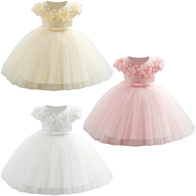 Baby Girls 3D Flowers Mesh Tutu Dresses Baptism Wedding Party Christening Gown