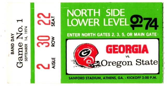 1974 GEORGIA BULLDOGS vs OREGON STATE BEAVERS football ticket stub 9/14/74