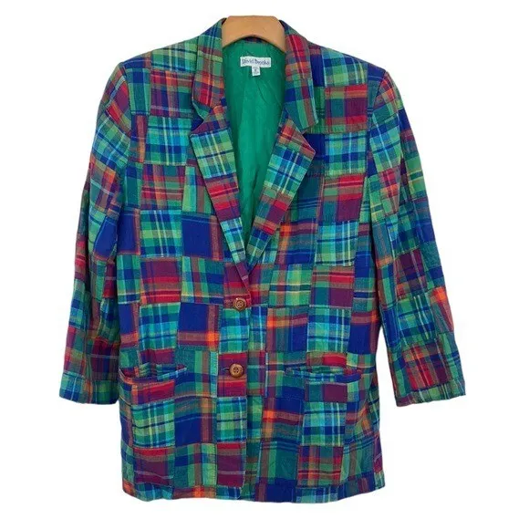 David Brooks Blazer Womens 8 Madras Patchwork Plaid Vintage 80s 90s Boyfriend