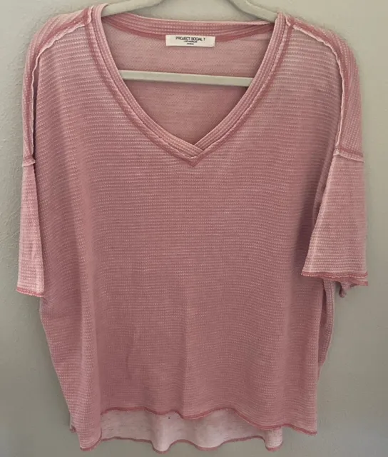 Project Social T Pink Ribbed Vneck Oversized Tee Women’s Size Medium USA
