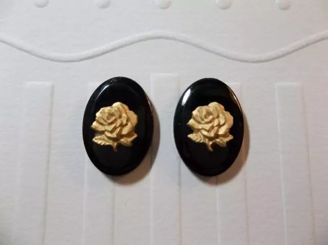 Doré Rose Sur Jet Noir Verre Cameo 18X13mm Cabochons De Allemagne - Quantité 2