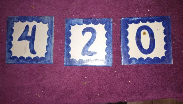 Lot of 3 Vintage Blue & White Clay? Tiles NUMBERS 420-Handmade? See Details