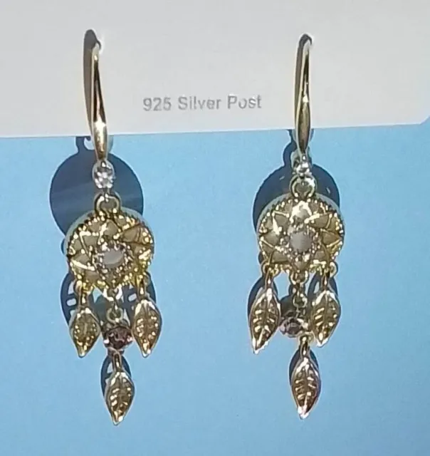 Dream Catcher Gold Tone Drop Feather Leaf Earrings 2pc NEW