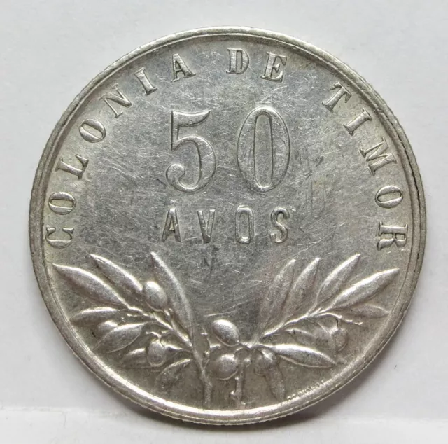 TIMOR Portuguese Colonia Portugal 50 Avos 1945 About UNC Silver Cross RARE #F37 3